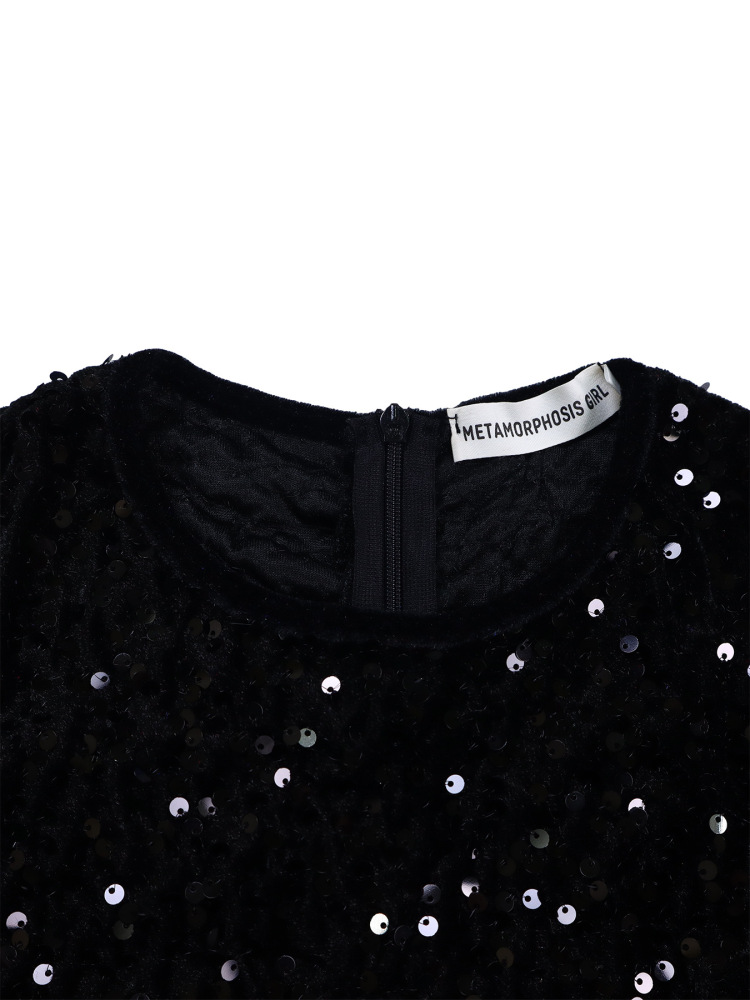 New women's round neck long sleeve solid color sequin high waist temperament mid-length dress-Black