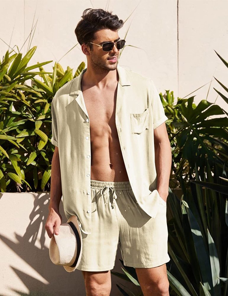 New men's linen short-sleeved shirt suit linen summer loose casual cotton and linen cardigan shirt shorts