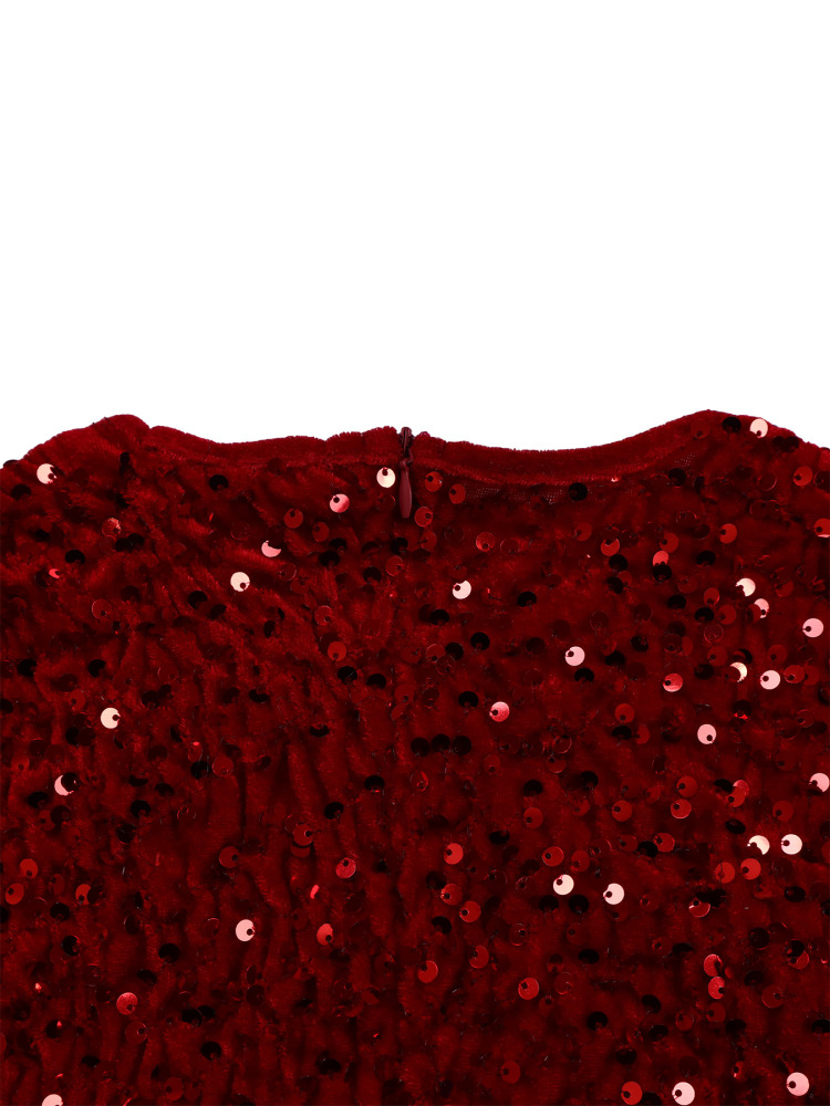 New women's round neck long sleeve solid color sequin high waist temperament mid-length dress-Red