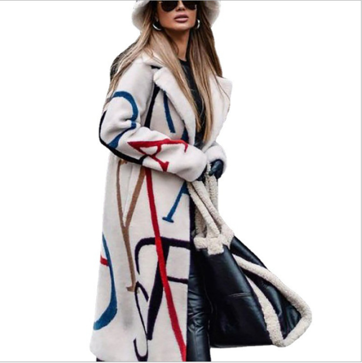2024 fall and winter new women's loose big yards printed trench coat lapel coat coat women