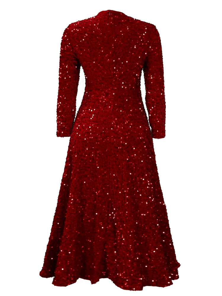 New women's round neck long sleeve solid color sequin high waist temperament mid-length dress-Red
