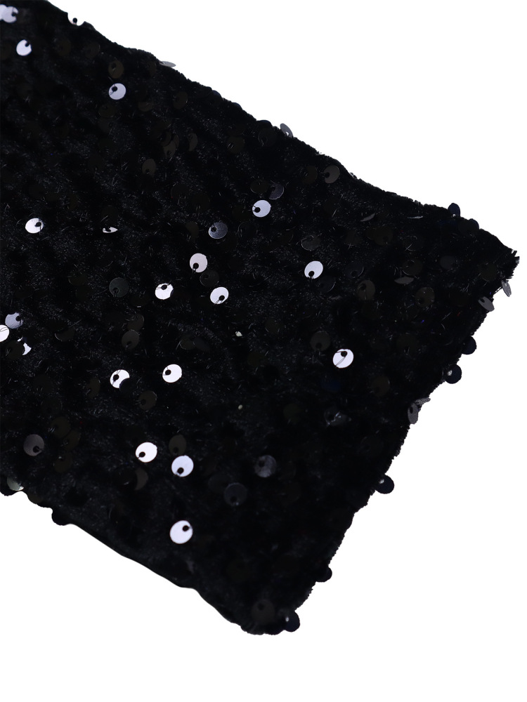 New women's round neck long sleeve solid color sequin high waist temperament mid-length dress-Black