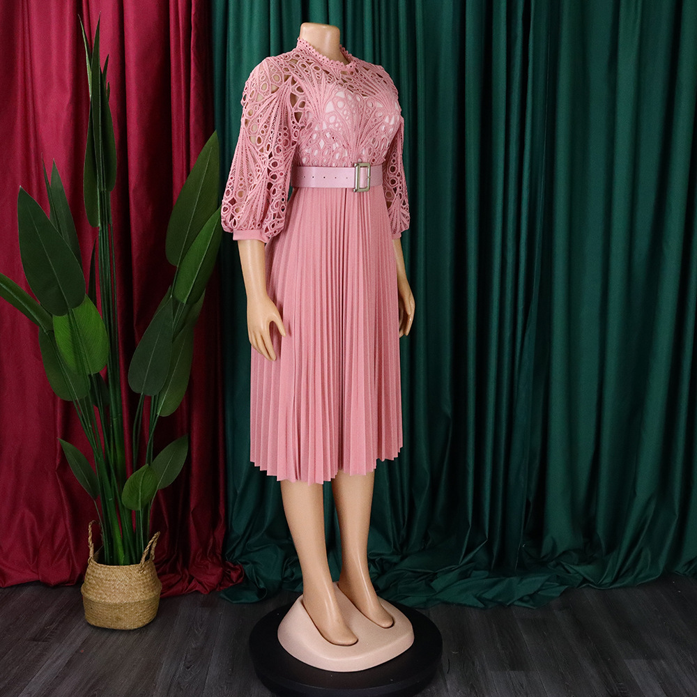 Summer plus size lace crochet sexy hollow pleated dress