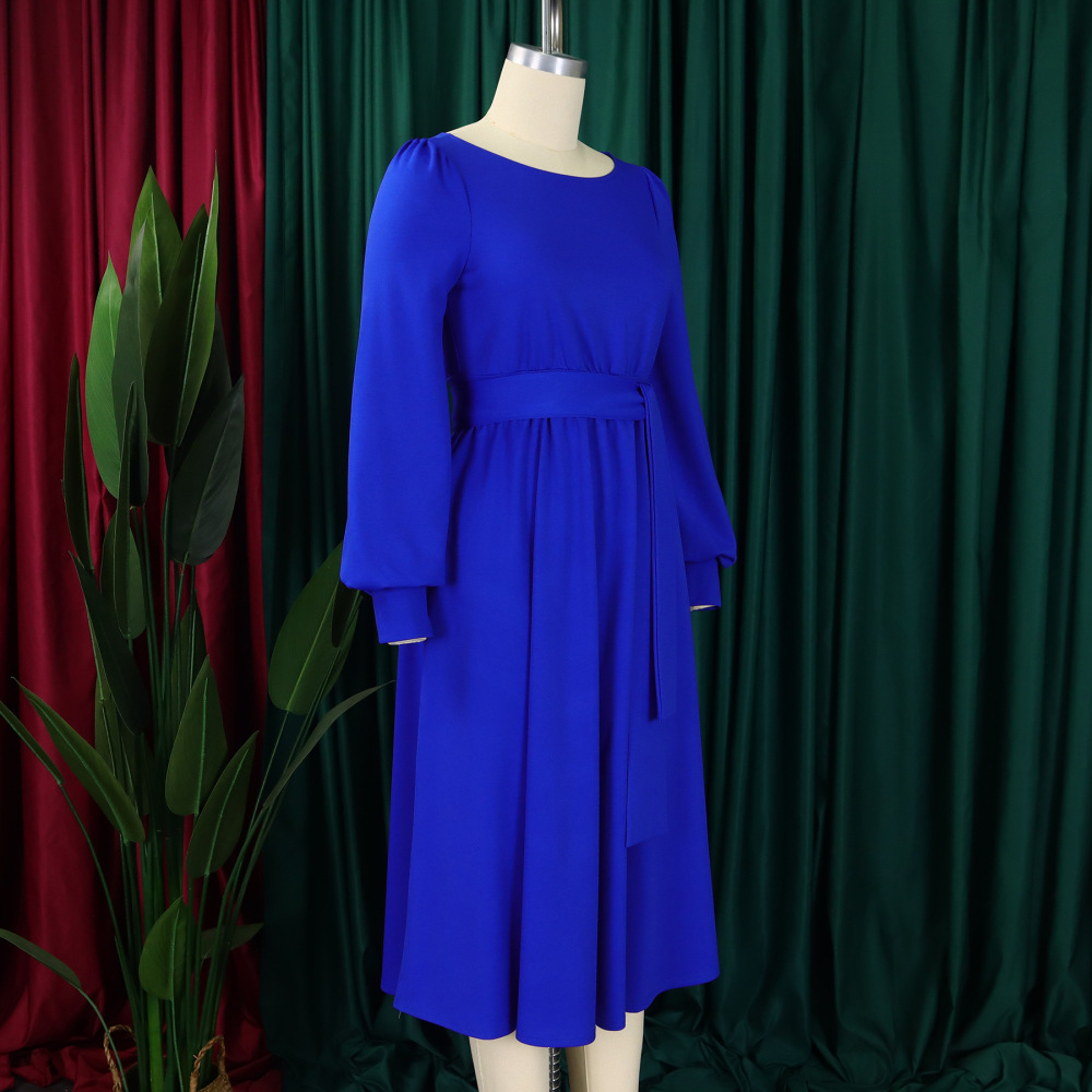 2024 new long-sleeved round neck strap solid color A-line skirt dress