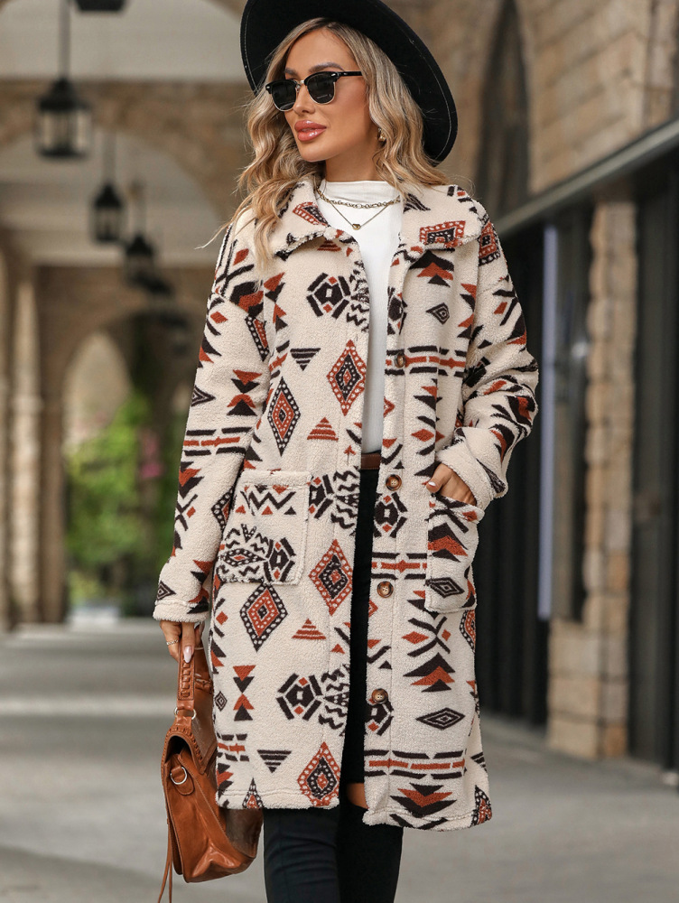 2024 cross-border fall and winter new women's single-breasted ethnic style printing plush long coat jacket