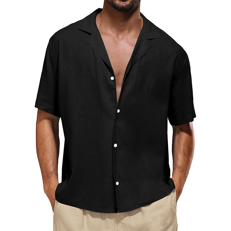 Men's casual lapel loose short-sleeved shirt men's solid color cotton and linen breathable shirt