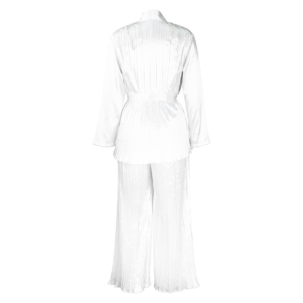 Solid color pleated loose long-sleeved strappy shirt and trousers two-piece set