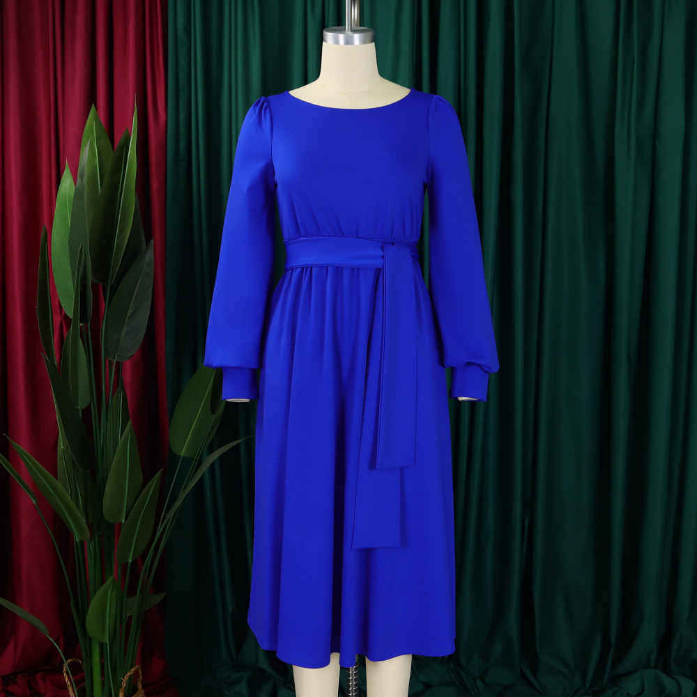 2024 new long-sleeved round neck strap solid color A-line skirt dress