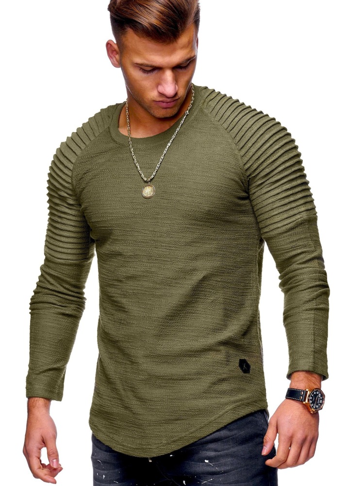 Spring and autumn casual sports round neck T-shirt for men, pleated raglan long-sleeved bottoming shirt