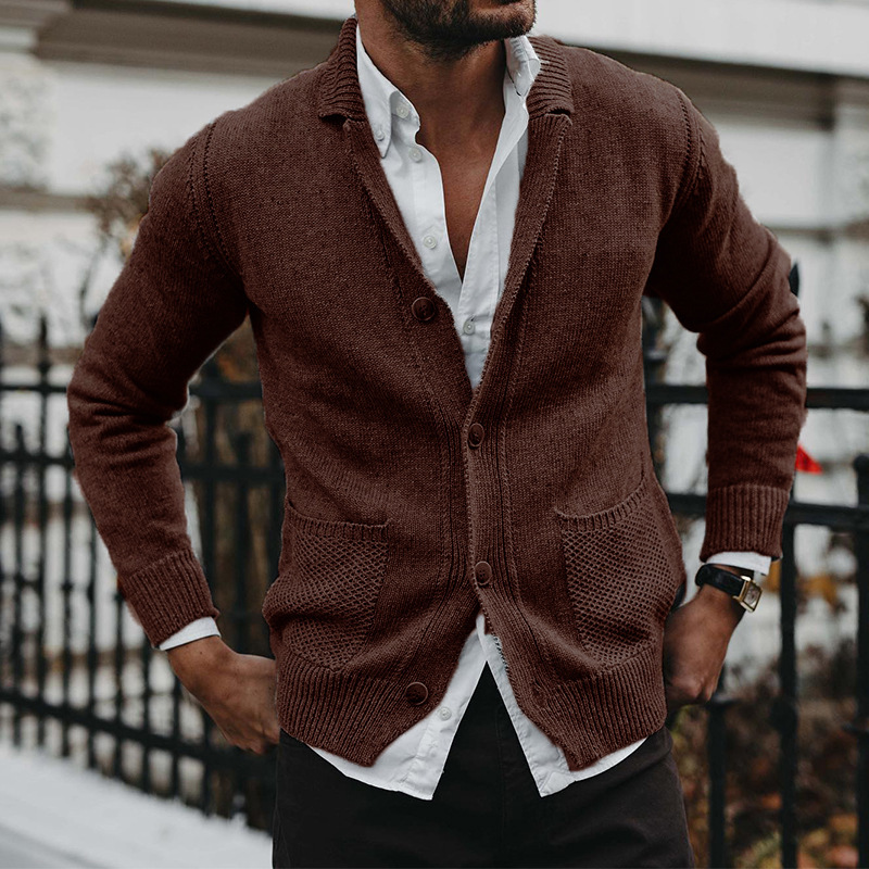 Sweater Cardigan 2024 Autumn and Winter New Solid Color V-neck Long Sleeve Pocket Knitted Sweater Jacket Men's Clothing
