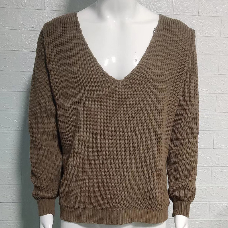 V-neck sweater men's solid color long-sleeved fashion knitted sweater autumn and winter men's clothing