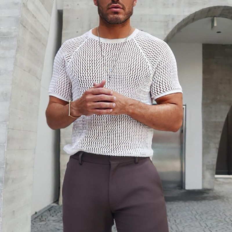 2024 new summer sweater solid color round neck short sleeve hollow knitted T-shirt for men