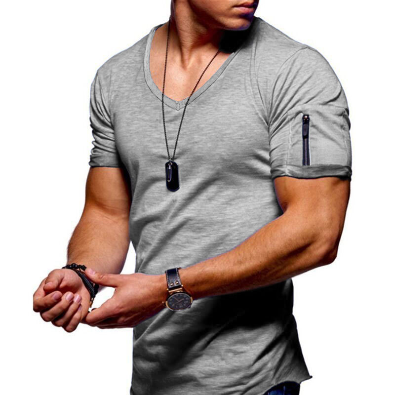 2024 new men's short-sleeved style men's V-neck T-shirt solid color slim bottoming shirt