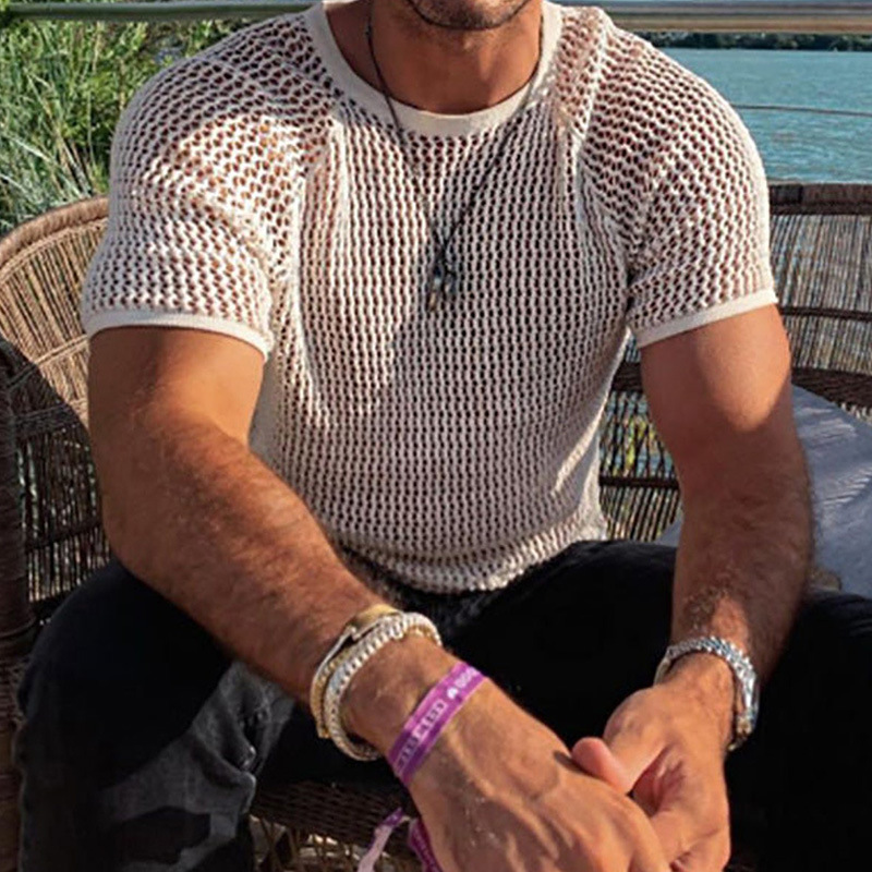 2024 new summer sweater solid color round neck short sleeve hollow knitted T-shirt for men