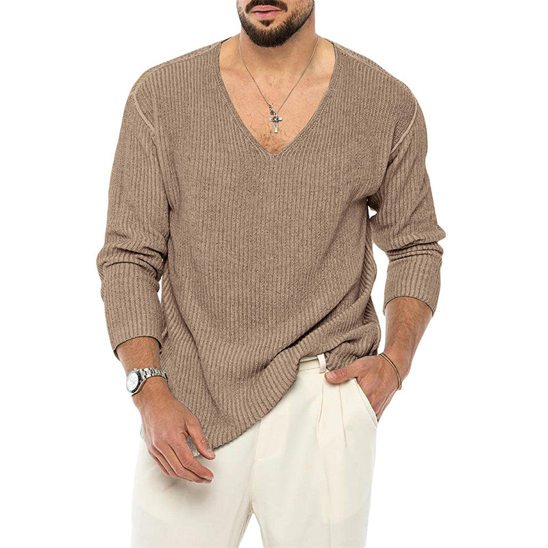 V-neck sweater men's solid color long-sleeved fashion knitted sweater autumn and winter men's clothing