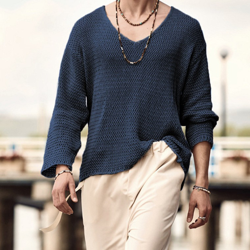 V-neck sweater men's solid color long-sleeved knitted top autumn new sweater for men