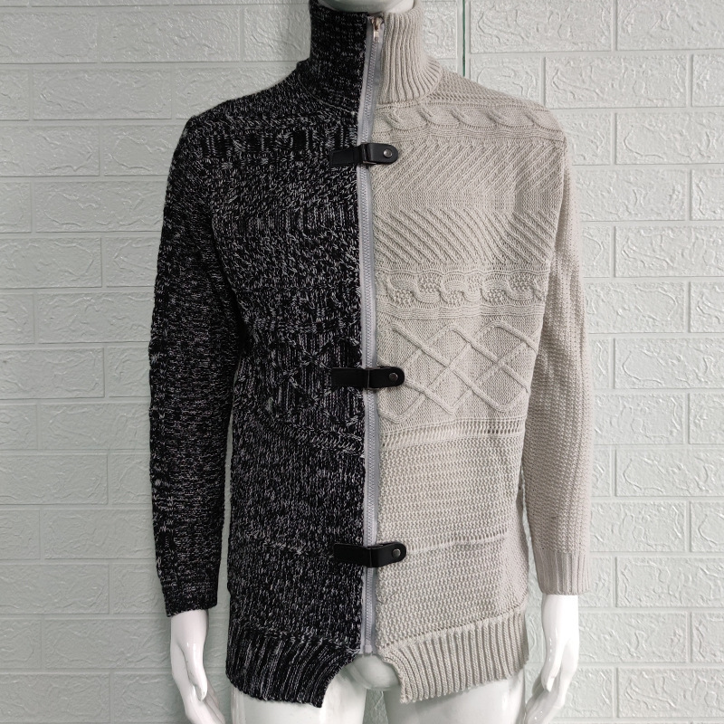 Turtleneck sweater 2023 autumn and winter color-blocked leather button long-sleeved knitted cardigan large size sweater for men