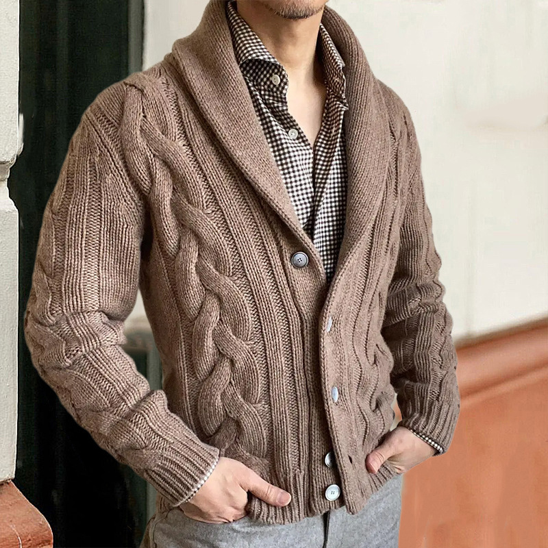 2024 new autumn and winter knitted cardigan men's lapel long-sleeved cable sweater jacket men's clothing