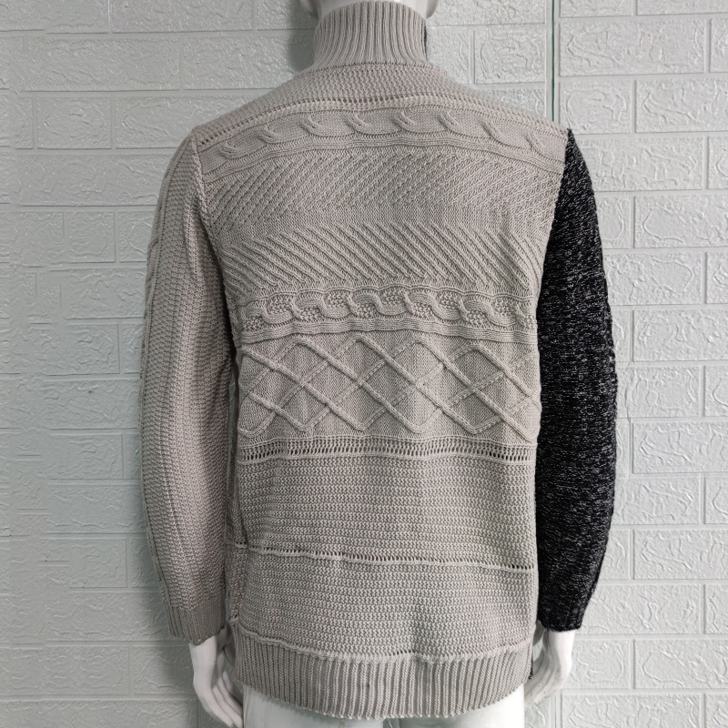 Turtleneck sweater 2023 autumn and winter color-blocked leather button long-sleeved knitted cardigan large size sweater for men