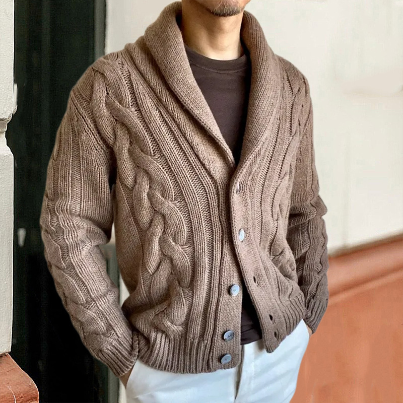 2024 new autumn and winter knitted cardigan men's lapel long-sleeved cable sweater jacket men's clothing