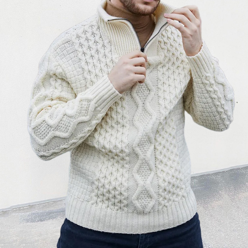 2024 Autumn and Winter New Knitted Sweater Zipper High Neck Long Sleeve Cable Sweater Men's Clothing