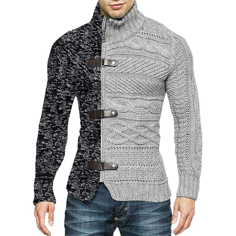 Turtleneck sweater 2023 autumn and winter color-blocked leather button long-sleeved knitted cardigan large size sweater for men