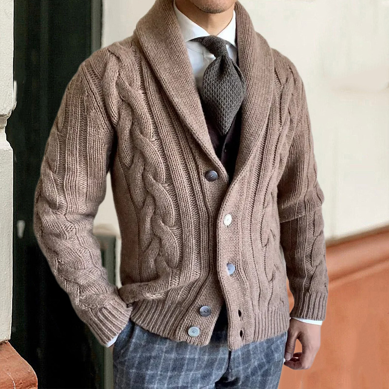 2024 new autumn and winter knitted cardigan men's lapel long-sleeved cable sweater jacket men's clothing