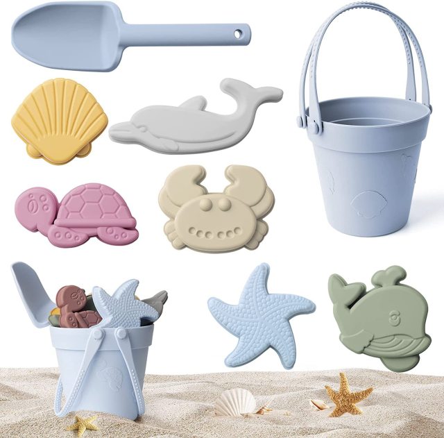 8pcs/Set Beach Toys  Eco-Friendly, BPA-Free, Food-Grade Silicone - Fun Summer Outdoor Toys for Kids with Bucket & 4 Color Sand