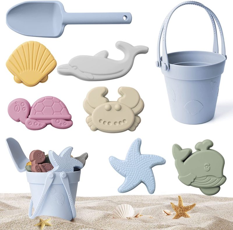 8pcs/Set Beach Toys  Eco-Friendly, BPA-Free, Food-Grade Silicone - Fun Summer Outdoor Toys for Kids with Bucket & 4 Color Sand