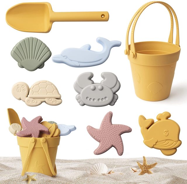 8pcs/Set Beach Toys  Eco-Friendly, BPA-Free, Food-Grade Silicone - Fun Summer Outdoor Toys for Kids with Bucket & 4 Color Sand