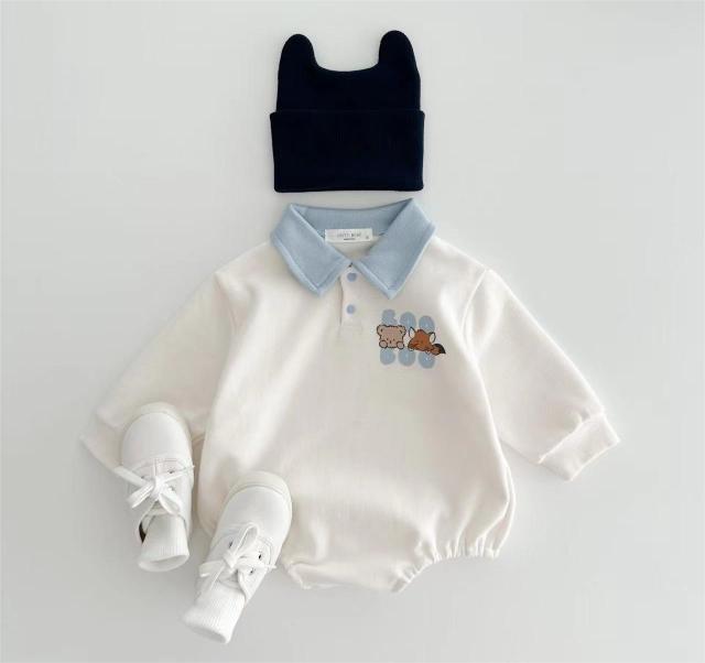 New Arrival Baby Boys Long Sleeve Cartoon Romper Turn-Down Collar  Infant Kids Jumpsuits Toddler Bodysuits Pure Cotton 0-3Y