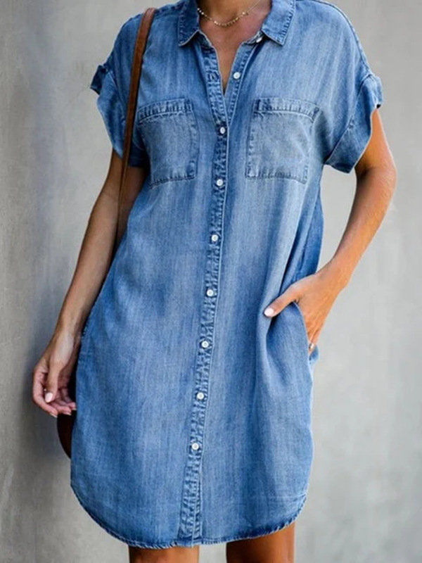 Plus Size Women Denim Shirt Dresses Short Sleeve Distressed Jean Dress Button Down Casual Tunic Top