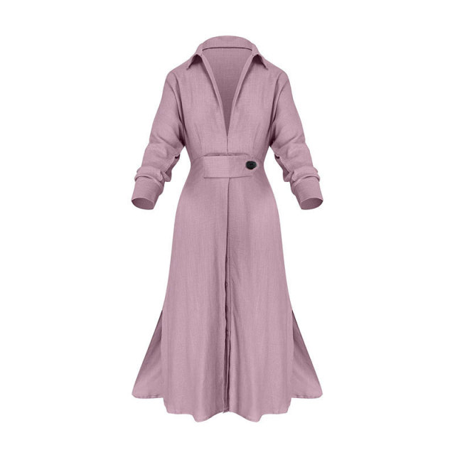 Plus Size 2023 Autumn Women Dress White Casual V Neck Lapel Long Sleeve Dress Woman Long Skirt Pocket Lady Eleagnt Dresses Party