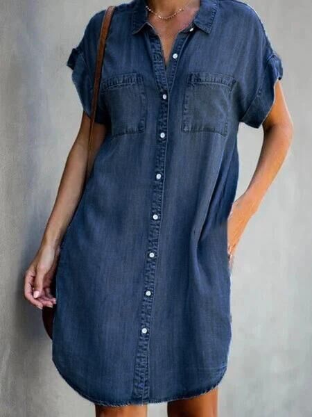 Plus Size Women Denim Shirt Dresses Short Sleeve Distressed Jean Dress Button Down Casual Tunic Top