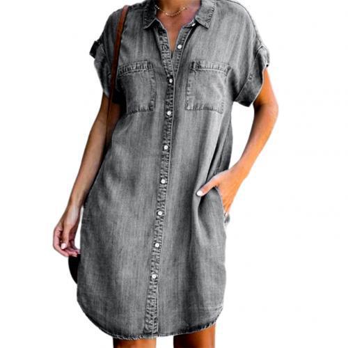 Plus Size Women Denim Shirt Dresses Short Sleeve Distressed Jean Dress Button Down Casual Tunic Top