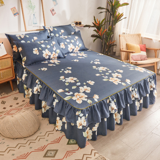 Lace Trim Trilateral Heightening Bed Skirt Pillowcase Three-piece Set Anti-slip Mattress Cover Soft Comfortable Cotton Double