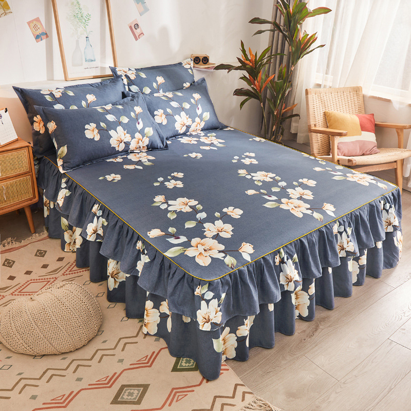 Lace Trim Trilateral Heightening Bed Skirt Pillowcase Three-piece Set Anti-slip Mattress Cover Soft Comfortable Cotton Double