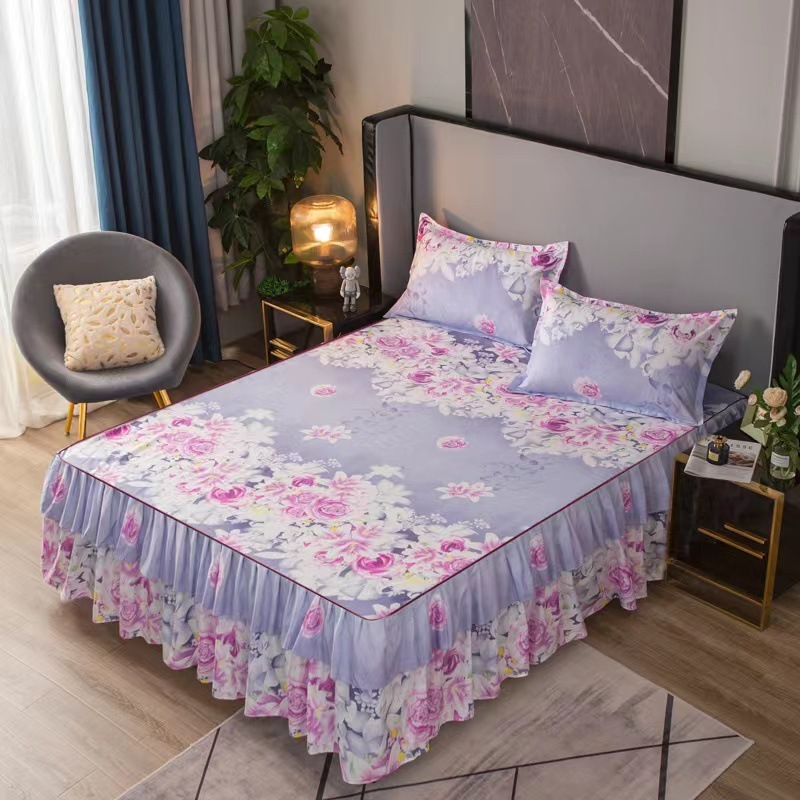 Lace Trim Trilateral Heightening Bed Skirt Pillowcase Three-piece Set Anti-slip Mattress Cover Soft Comfortable Cotton Double