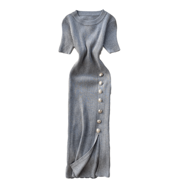 Vestidos Solid Korean Vintage High Waist Women Dress Bodycon Sexy Stretch Knitted 2024 Summer Dresses Chic 16347