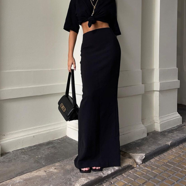 Solid Bodycon Ruched Long Skirt Women Sexy Black Elastic Elegant High Waist Mermaid Maxi Skirts Summer Streetwear