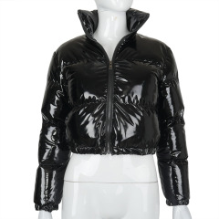 Women Winter Warm Puffer Jackets Fashion Parkas Stand Collar Zipper Front Cropped Coat Long Sleeve Lightweight Bubble Outerwear