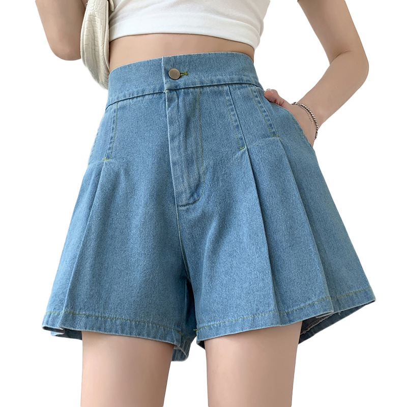 DFRCAEG 2023 Summer Plus Size Denim Shorts For Women High Elastic Waist Blue Or Sky Blue Pleated Mini Large Size Short Femme