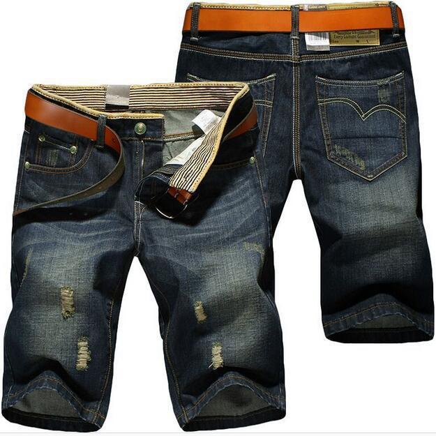 28-40 New Summer Men's Personalized Washable Perforated Denim Pants Large Casual Middle Pants