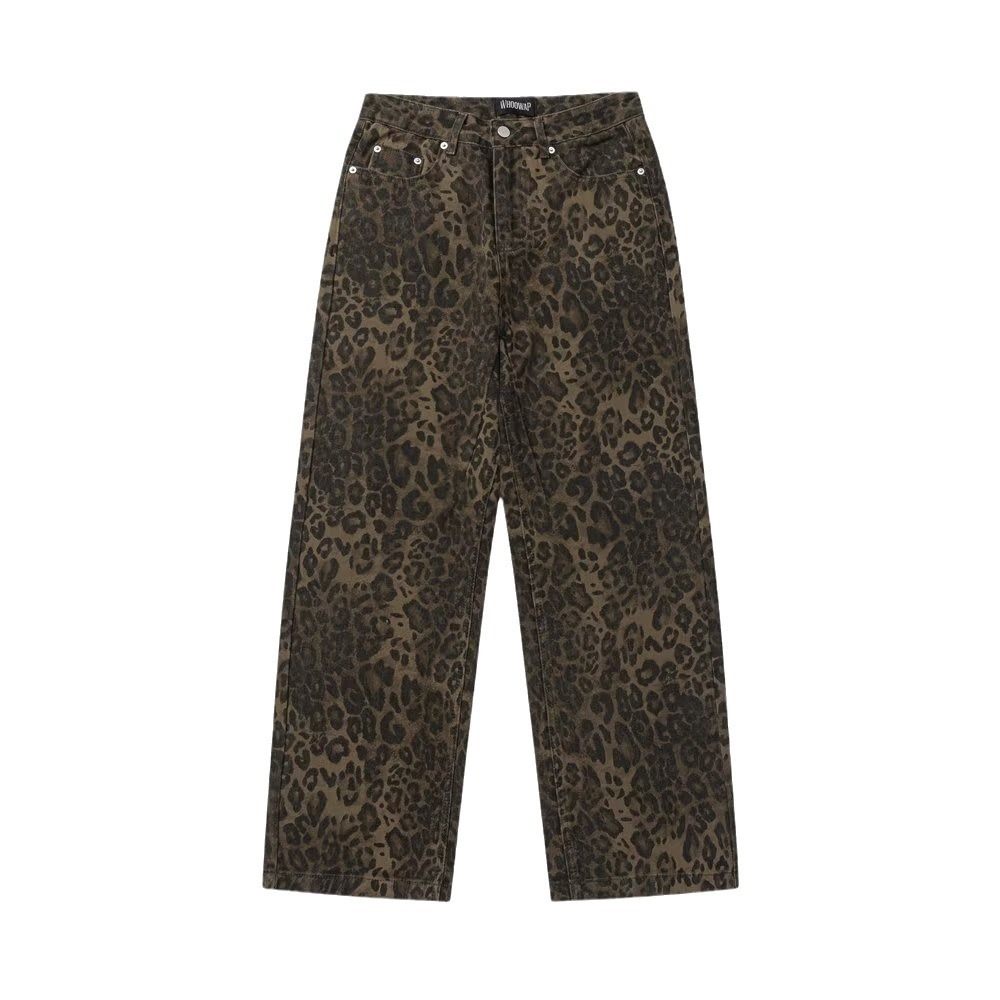 Retro Spring Trendy Leopard Print Jeans Women's American High Street Trousers Y2K Harajuku Style Baggy High Waist Casual Pants