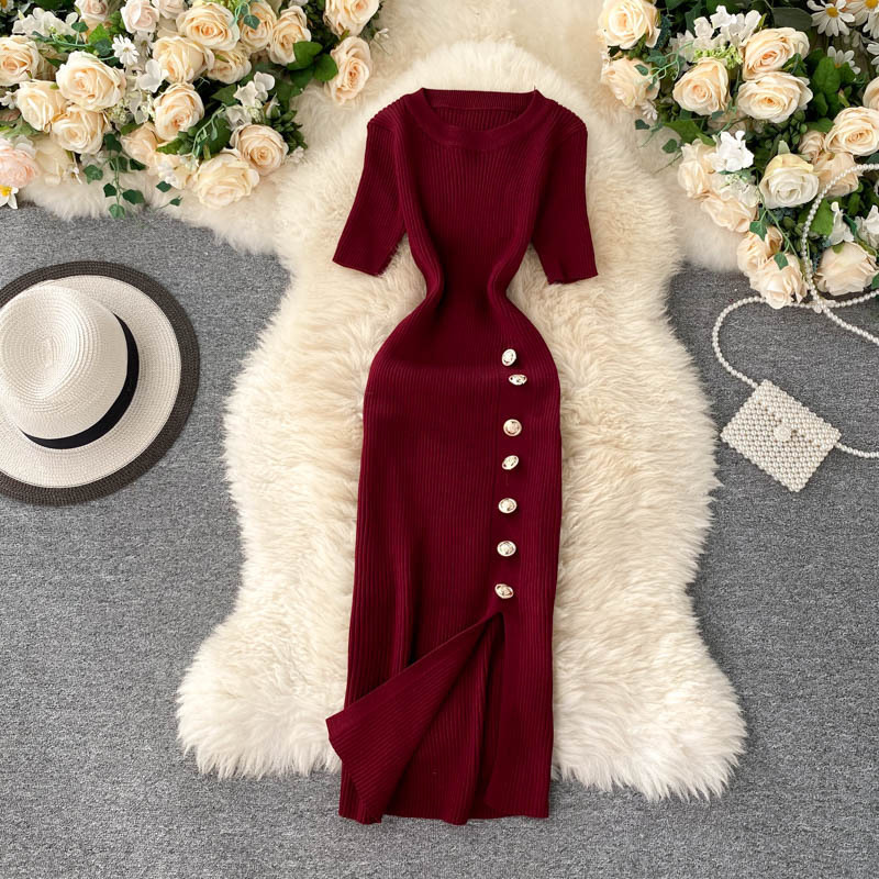 Vestidos Solid Korean Vintage High Waist Women Dress Bodycon Sexy Stretch Knitted 2024 Summer Dresses Chic 16347