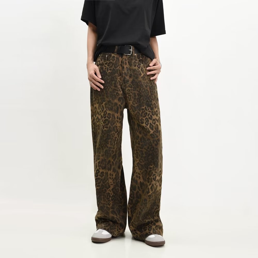 Retro Spring Trendy Leopard Print Jeans Women's American High Street Trousers Y2K Harajuku Style Baggy High Waist Casual Pants