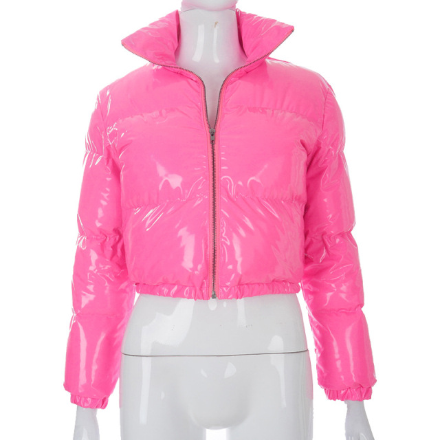 Women Winter Warm Puffer Jackets Fashion Parkas Stand Collar Zipper Front Cropped Coat Long Sleeve Lightweight Bubble Outerwear