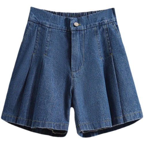 DFRCAEG 2023 Summer Plus Size Denim Shorts For Women High Elastic Waist Blue Or Sky Blue Pleated Mini Large Size Short Femme