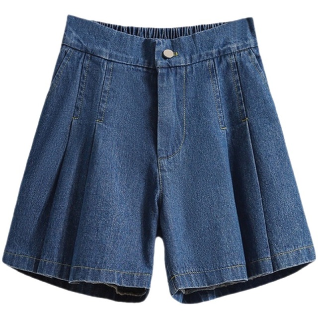 DFRCAEG 2023 Summer Plus Size Denim Shorts For Women High Elastic Waist Blue Or Sky Blue Pleated Mini Large Size Short Femme