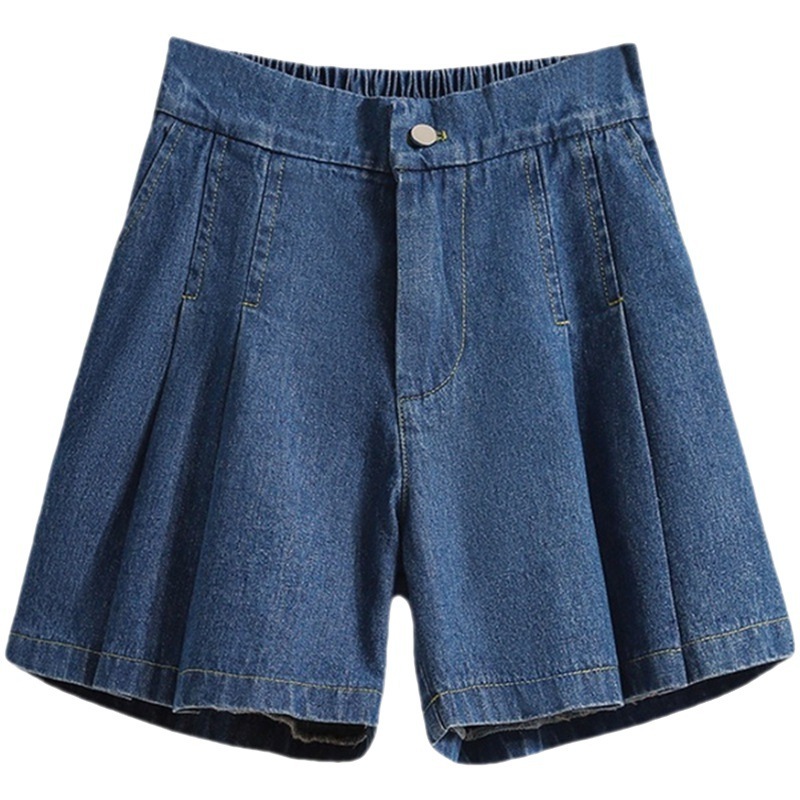 DFRCAEG 2023 Summer Plus Size Denim Shorts For Women High Elastic Waist Blue Or Sky Blue Pleated Mini Large Size Short Femme